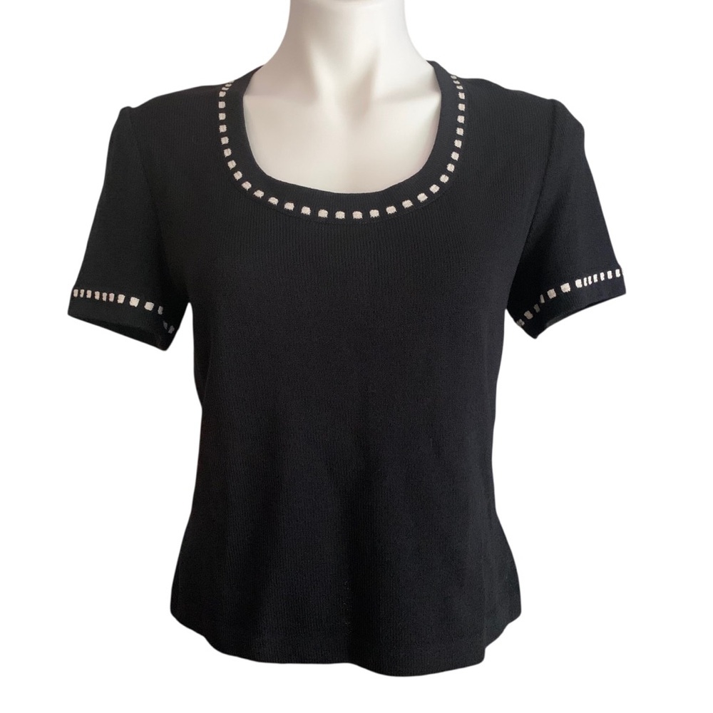 St John Sport Black White Trim Round Neck Santana Knit Rayon Top Small Petite